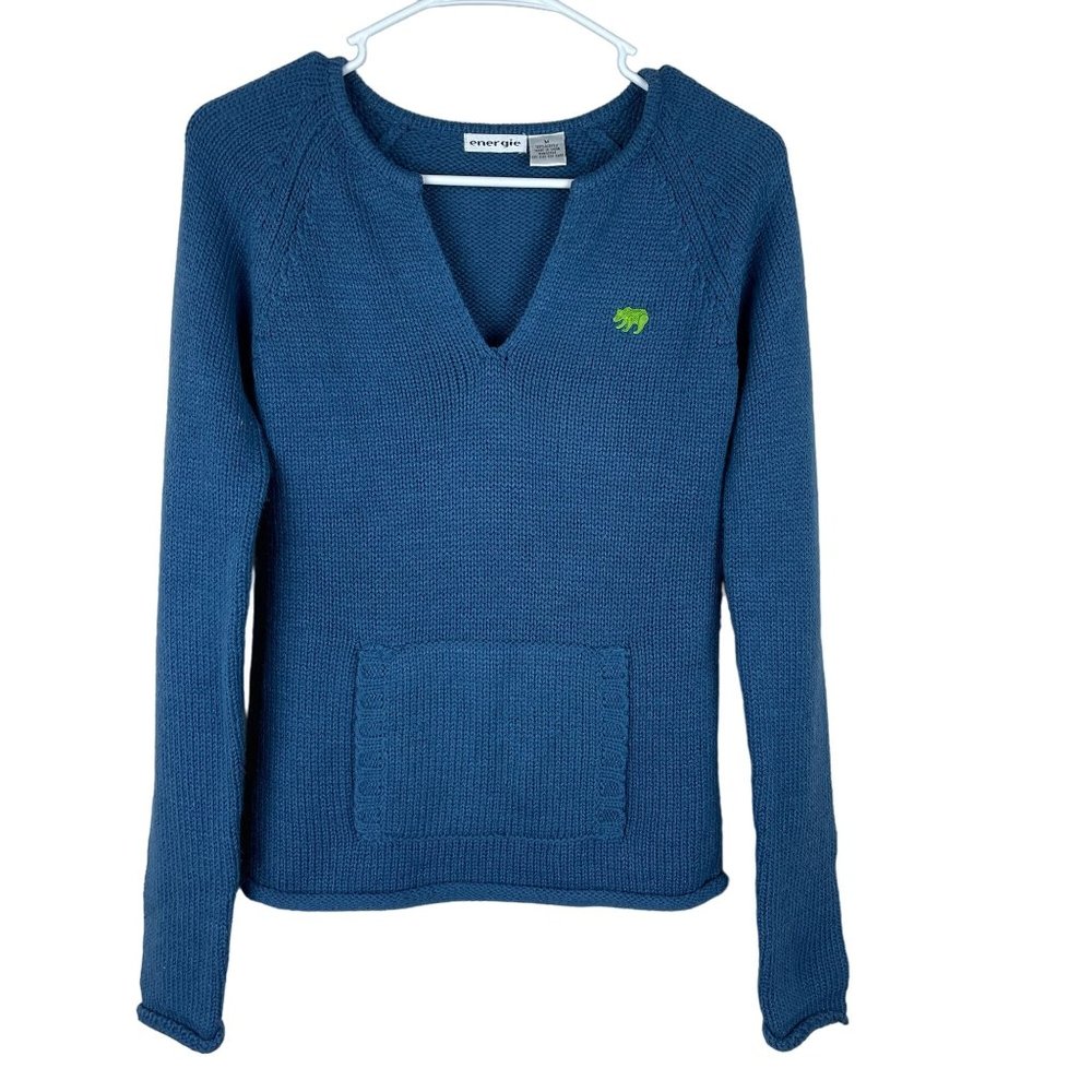 Vtg Y2K Energie Sweater Womens Size M Blue Stretch‎ Knit Acrylic Pocket Pullover